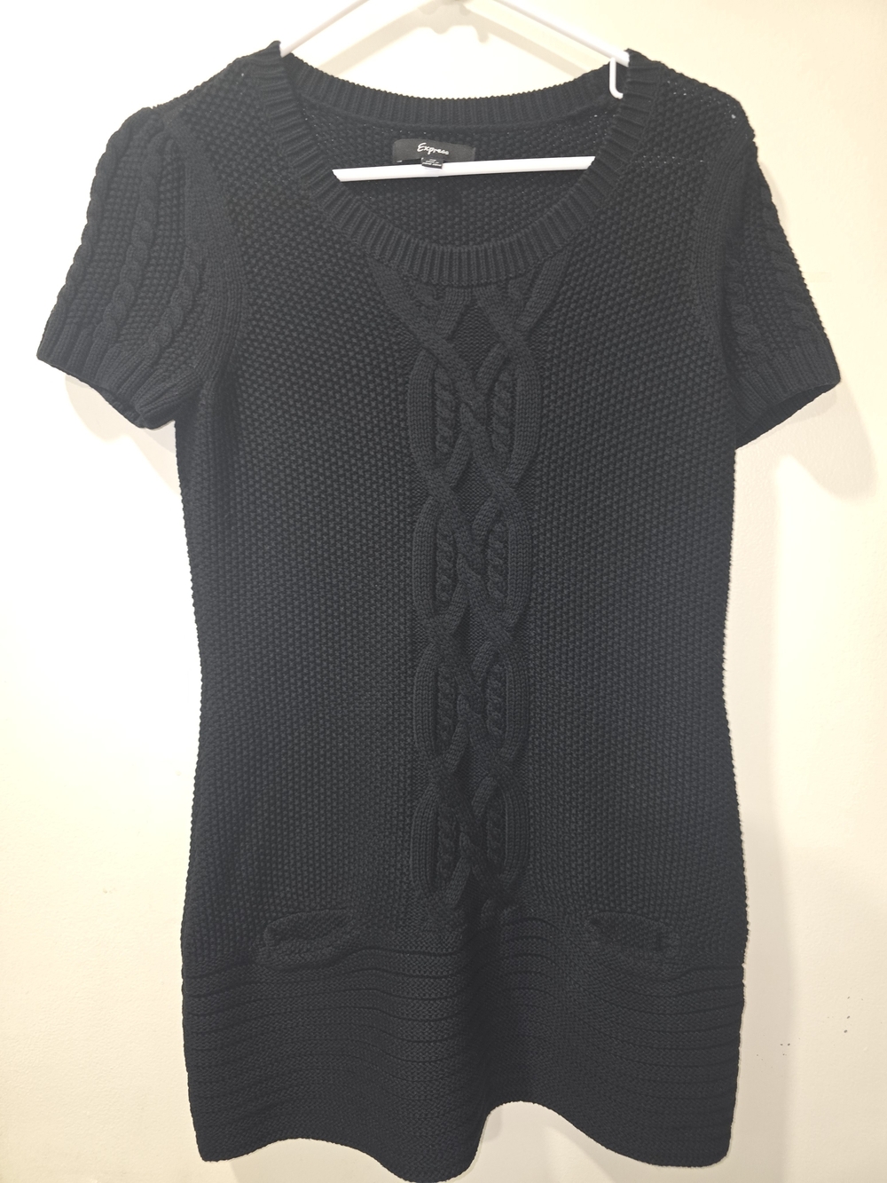 Express Black Cable Knit Short-Sleeve Tunic Dress